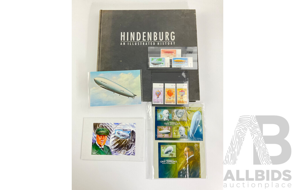 Blimp Themed Stamps Including Graf Zeppelin Solomon Island Set, Maldives, Vanuatu, German Post Card and Hard Cover Hindenburg Illustrated History Book