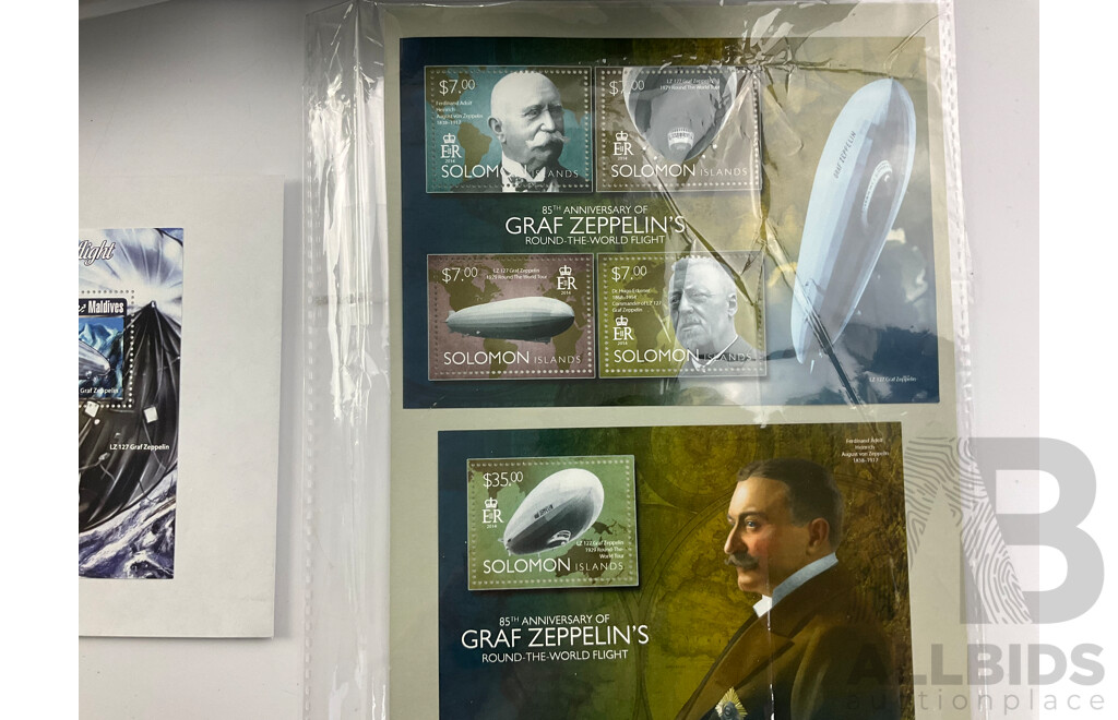 Blimp Themed Stamps Including Graf Zeppelin Solomon Island Set, Maldives, Vanuatu, German Post Card and Hard Cover Hindenburg Illustrated History Book