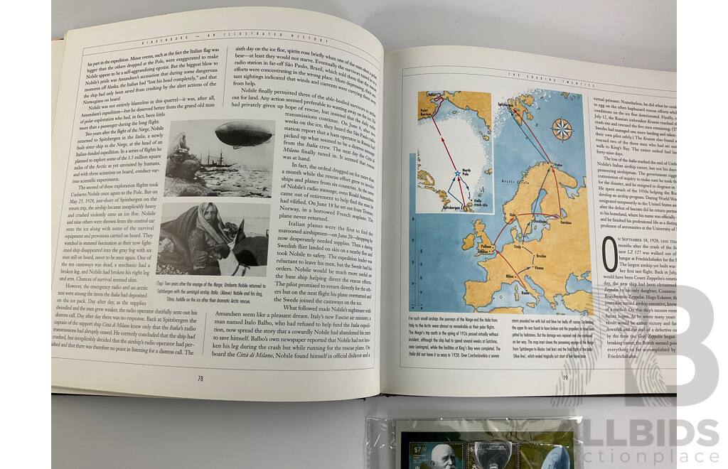 Blimp Themed Stamps Including Graf Zeppelin Solomon Island Set, Maldives, Vanuatu, German Post Card and Hard Cover Hindenburg Illustrated History Book
