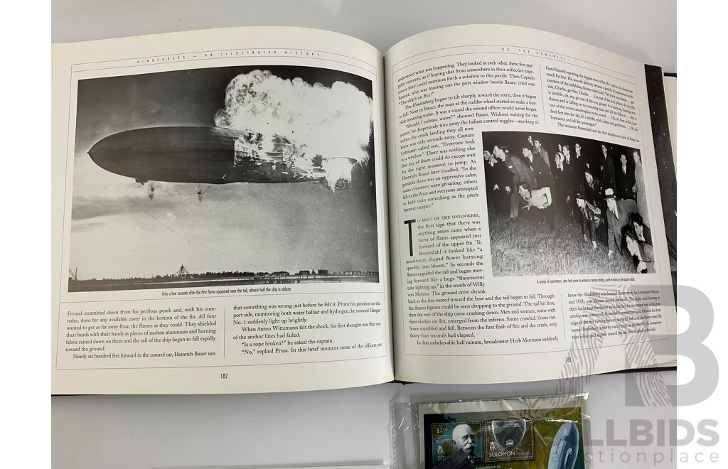Blimp Themed Stamps Including Graf Zeppelin Solomon Island Set, Maldives, Vanuatu, German Post Card and Hard Cover Hindenburg Illustrated History Book