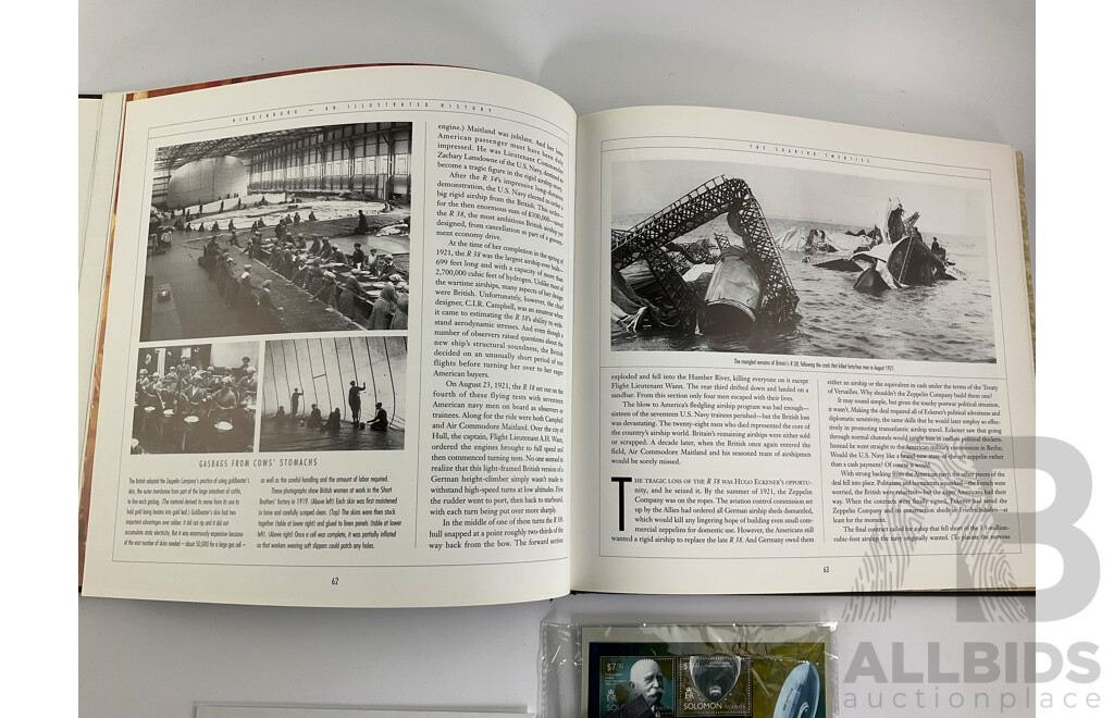Blimp Themed Stamps Including Graf Zeppelin Solomon Island Set, Maldives, Vanuatu, German Post Card and Hard Cover Hindenburg Illustrated History Book
