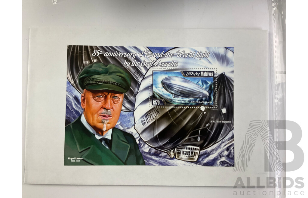 Blimp Themed Stamps Including Graf Zeppelin Solomon Island Set, Maldives, Vanuatu, German Post Card and Hard Cover Hindenburg Illustrated History Book