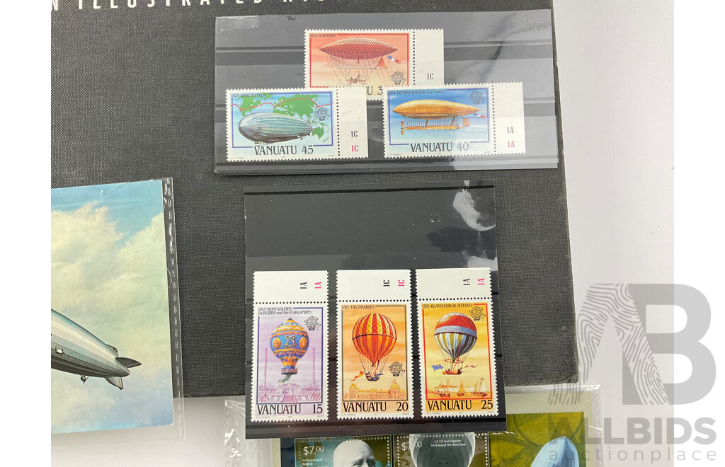 Blimp Themed Stamps Including Graf Zeppelin Solomon Island Set, Maldives, Vanuatu, German Post Card and Hard Cover Hindenburg Illustrated History Book