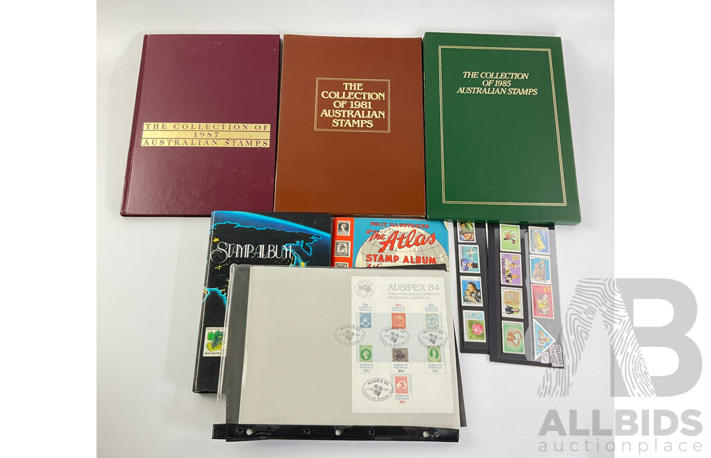 Collection of International Stamps Including Ten Australian 1984 AUSIPEX Covers, Maldives 1970's Mint Stamps, Two Stamp Albums of Cancelled Stamps, Empty Australian Stamp Albums 1981, 1985, 1987