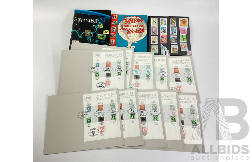 Collection of International Stamps Including Ten Australian 1984 AUSIPEX Covers, Maldives 1970's Mint Stamps, Two Stamp Albums of Cancelled Stamps, Empty Australian Stamp Albums 1981, 1985, 1987