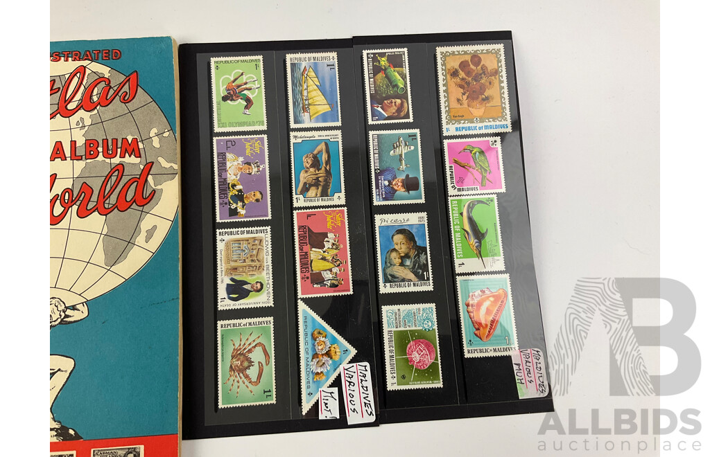 Collection of International Stamps Including Ten Australian 1984 AUSIPEX Covers, Maldives 1970's Mint Stamps, Two Stamp Albums of Cancelled Stamps, Empty Australian Stamp Albums 1981, 1985, 1987