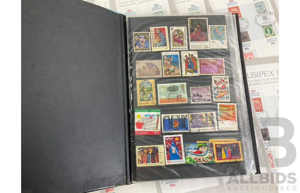 Collection of International Stamps Including Ten Australian 1984 AUSIPEX Covers, Maldives 1970's Mint Stamps, Two Stamp Albums of Cancelled Stamps, Empty Australian Stamp Albums 1981, 1985, 1987