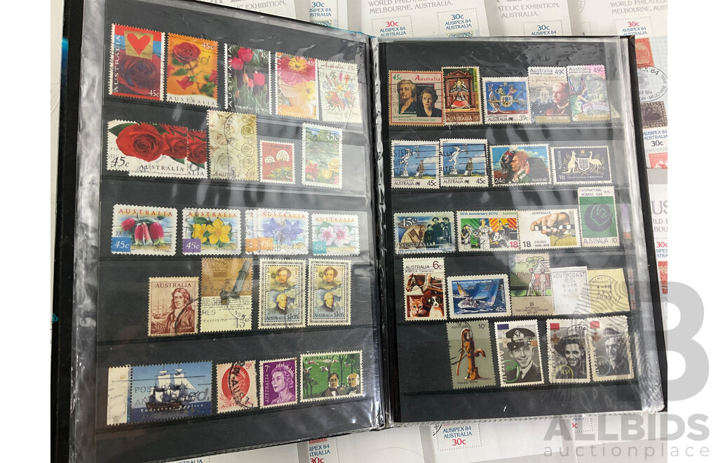 Collection of International Stamps Including Ten Australian 1984 AUSIPEX Covers, Maldives 1970's Mint Stamps, Two Stamp Albums of Cancelled Stamps, Empty Australian Stamp Albums 1981, 1985, 1987