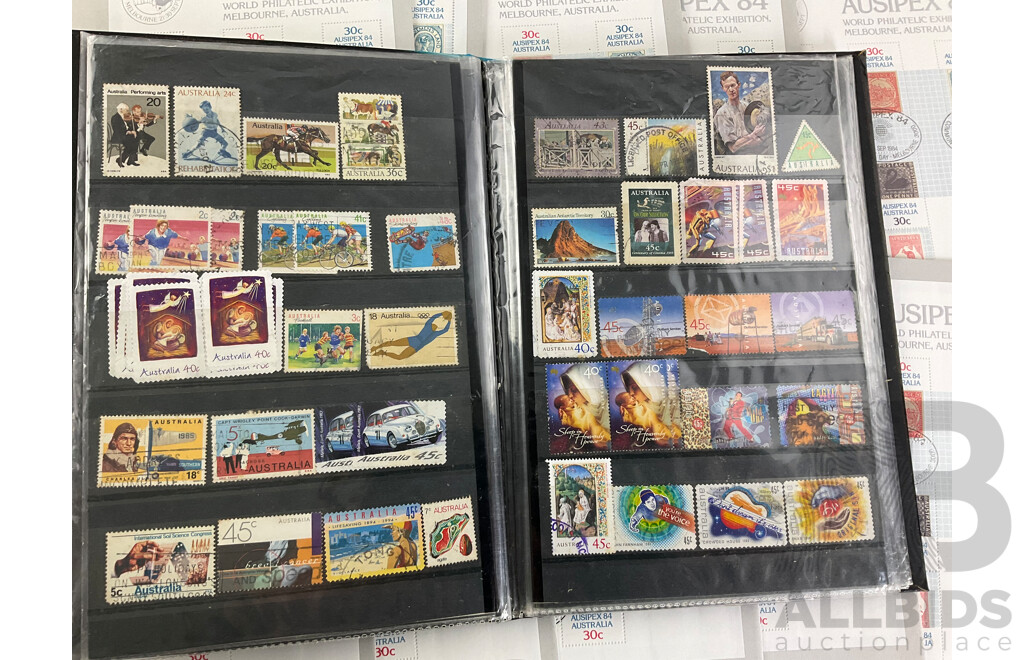 Collection of International Stamps Including Ten Australian 1984 AUSIPEX Covers, Maldives 1970's Mint Stamps, Two Stamp Albums of Cancelled Stamps, Empty Australian Stamp Albums 1981, 1985, 1987