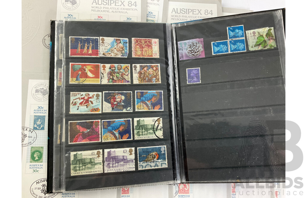 Collection of International Stamps Including Ten Australian 1984 AUSIPEX Covers, Maldives 1970's Mint Stamps, Two Stamp Albums of Cancelled Stamps, Empty Australian Stamp Albums 1981, 1985, 1987