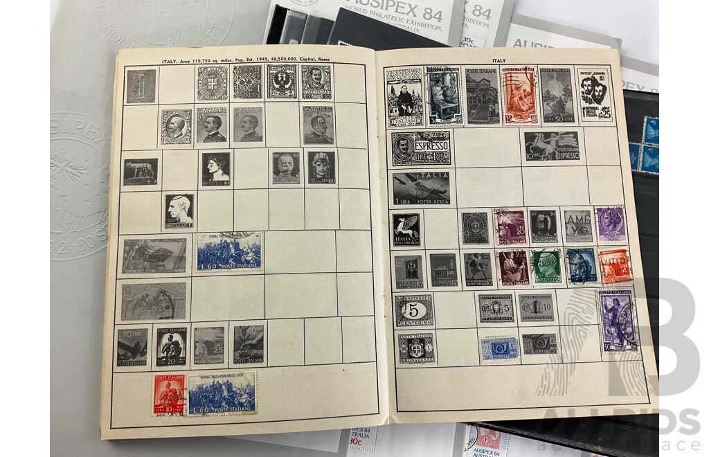 Collection of International Stamps Including Ten Australian 1984 AUSIPEX Covers, Maldives 1970's Mint Stamps, Two Stamp Albums of Cancelled Stamps, Empty Australian Stamp Albums 1981, 1985, 1987