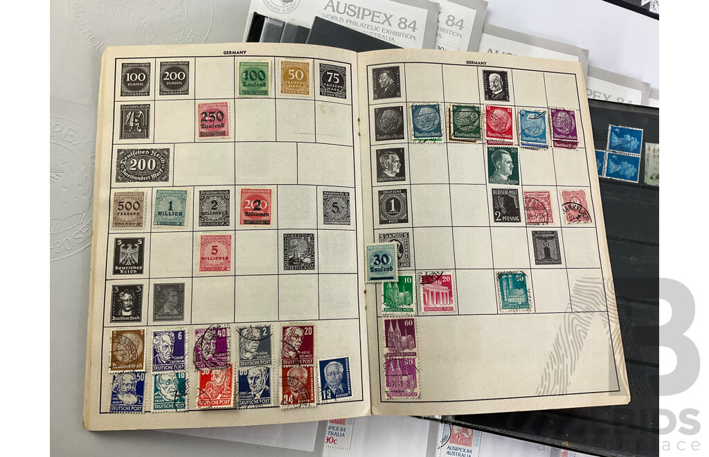 Collection of International Stamps Including Ten Australian 1984 AUSIPEX Covers, Maldives 1970's Mint Stamps, Two Stamp Albums of Cancelled Stamps, Empty Australian Stamp Albums 1981, 1985, 1987