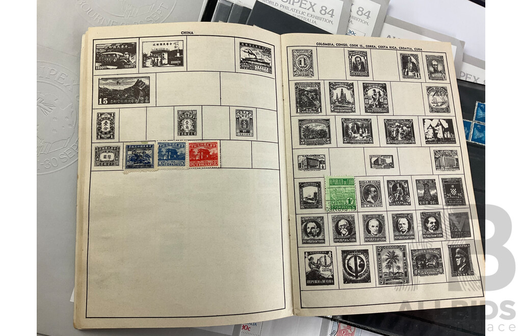 Collection of International Stamps Including Ten Australian 1984 AUSIPEX Covers, Maldives 1970's Mint Stamps, Two Stamp Albums of Cancelled Stamps, Empty Australian Stamp Albums 1981, 1985, 1987