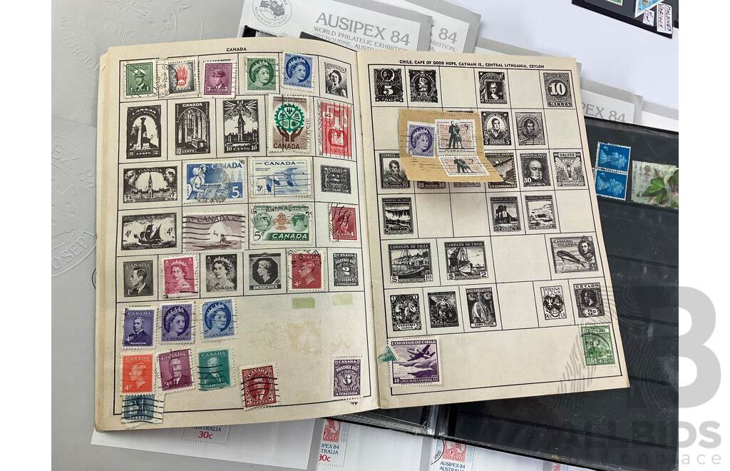 Collection of International Stamps Including Ten Australian 1984 AUSIPEX Covers, Maldives 1970's Mint Stamps, Two Stamp Albums of Cancelled Stamps, Empty Australian Stamp Albums 1981, 1985, 1987