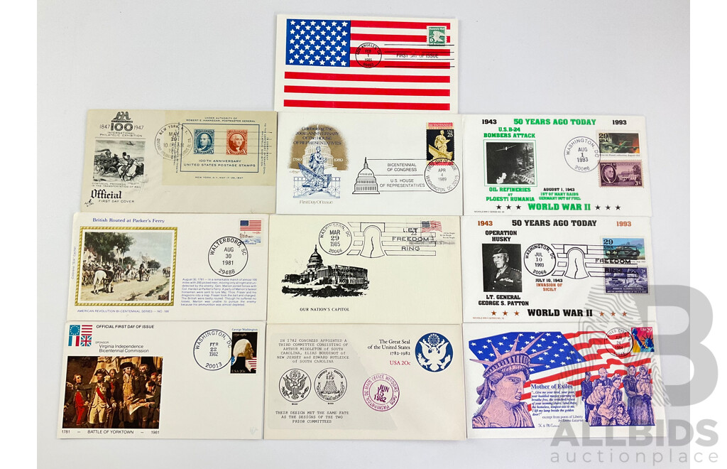 Ten USA First Day Covers 1947 to 1994 Including 100th Anniversary O US Stamps, Our Nations Capital, Fifty Years Ago Today and More