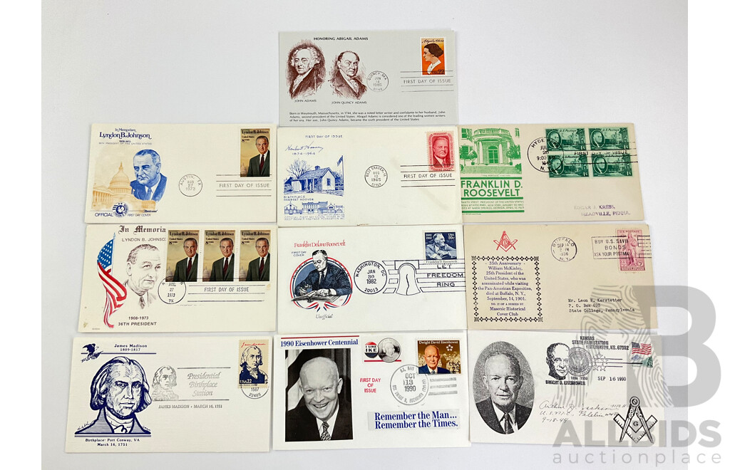 Ten USA Presidential First Day Covers 1936 to 1990 Including McKinley, Eisenhower, Roosevelt and More