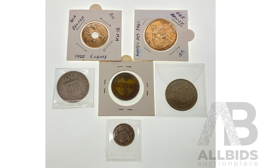 Australian 1935 Silver Sixpence, East Africa 1925 Bronze Five Cents, UK 1905 Bronze Penny, Yugosavia 1987 One Hundred Dinara, Vatican Papal States 1867 One Soldo, Greece Twenty Drachmai