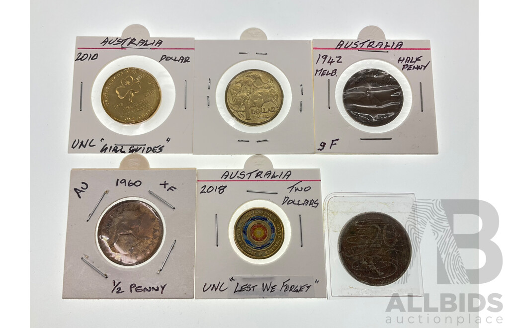Australian Coins Including One Dollars 2010 Girl Guides and 2009, Two Dollar 2018 Lest We Forget, 1942, 1960 Half Penny