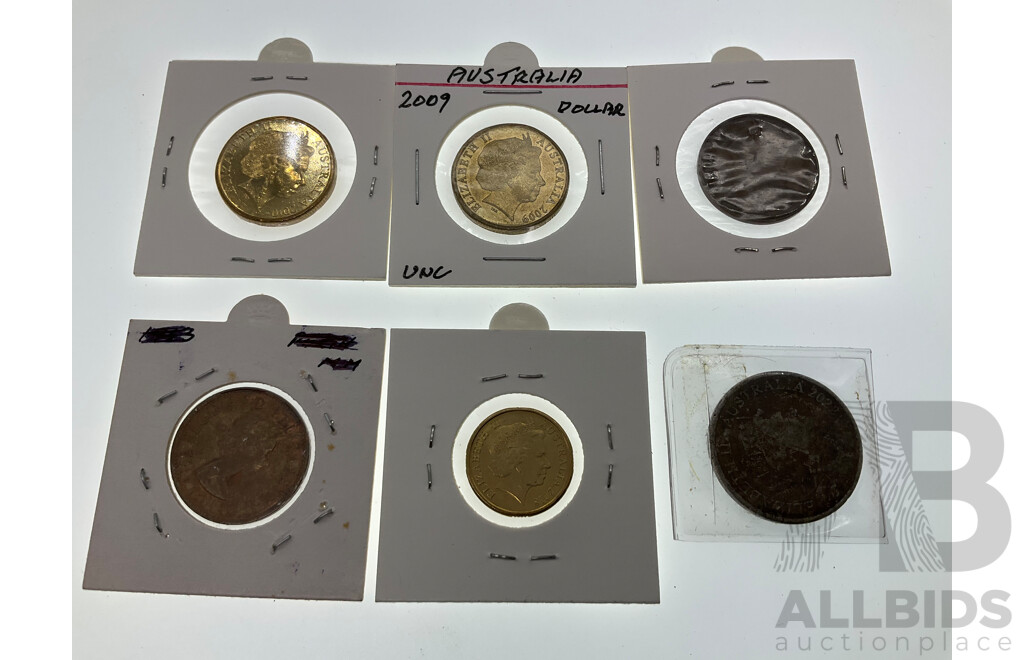 Australian Coins Including One Dollars 2010 Girl Guides and 2009, Two Dollar 2018 Lest We Forget, 1942, 1960 Half Penny