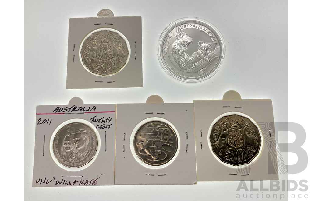 Australian 2011 Silver One Dollar Koala A/UNC Coins Including 1987, 2013 Fifty Cents, 2011 2014 Twenty Cents