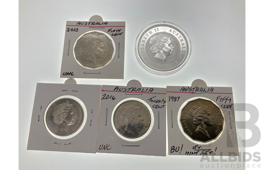 Australian 2011 Silver One Dollar Koala A/UNC Coins Including 1987, 2013 Fifty Cents, 2011 2014 Twenty Cents