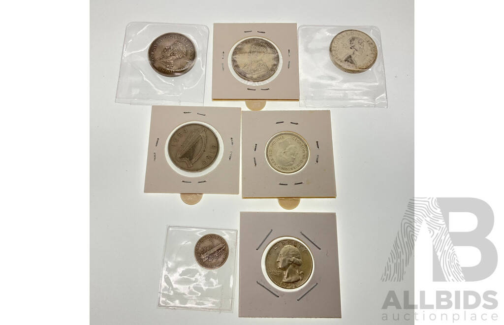 Three Australian Silver Florins 1936, 1961, 1927 Commemorative, Shilling 1942, USA Silver 1953 Quarter Dollar, 1938 Dime, Ireland 1954 Florin