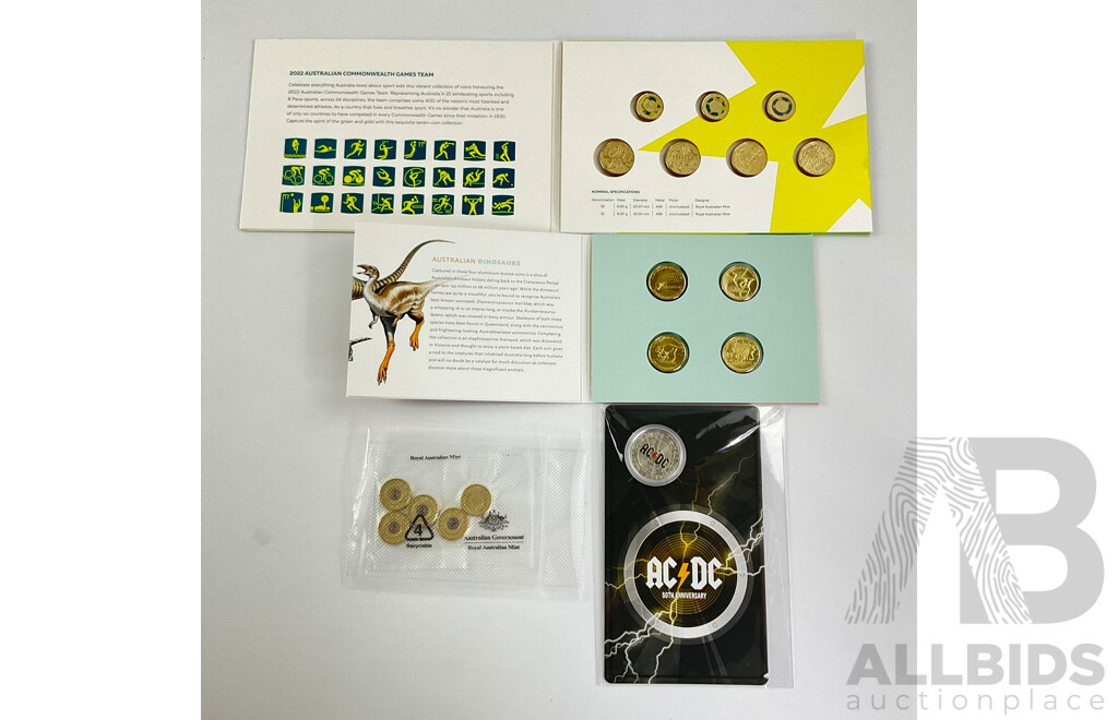 Five Australian RAM 2021 Two Dollar Coins, Indigenous Military Service, 2023 Fifty Cent AC/DC Fiftieth Anniversary, 2022 One Dollar Dinosaur Set, 2022 Commonwealth Games Seven Coin Set
