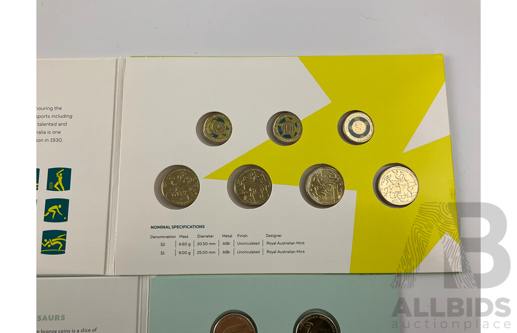 Five Australian RAM 2021 Two Dollar Coins, Indigenous Military Service, 2023 Fifty Cent AC/DC Fiftieth Anniversary, 2022 One Dollar Dinosaur Set, 2022 Commonwealth Games Seven Coin Set