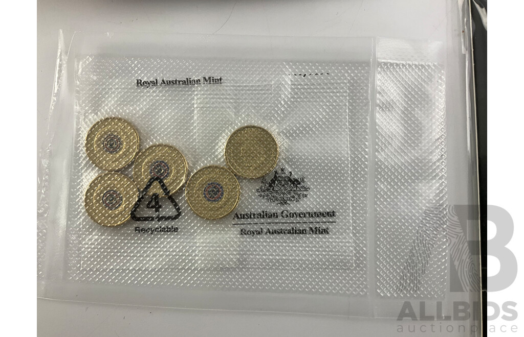 Five Australian RAM 2021 Two Dollar Coins, Indigenous Military Service, 2023 Fifty Cent AC/DC Fiftieth Anniversary, 2022 One Dollar Dinosaur Set, 2022 Commonwealth Games Seven Coin Set