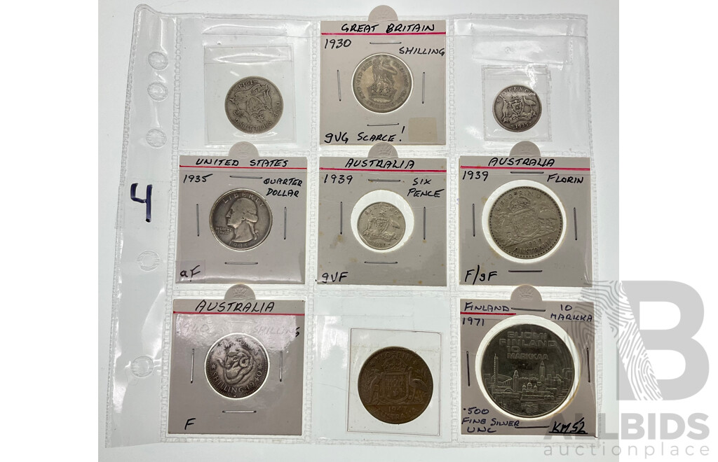 Collection of Silver Coins Including Australian 1939, 1947 Florins, 1914, 1940 Shillings, 1935, 1939 Sixpence, USA 1935 Quarter, UK 1930 Shilling, Finland Ten Markkaa
