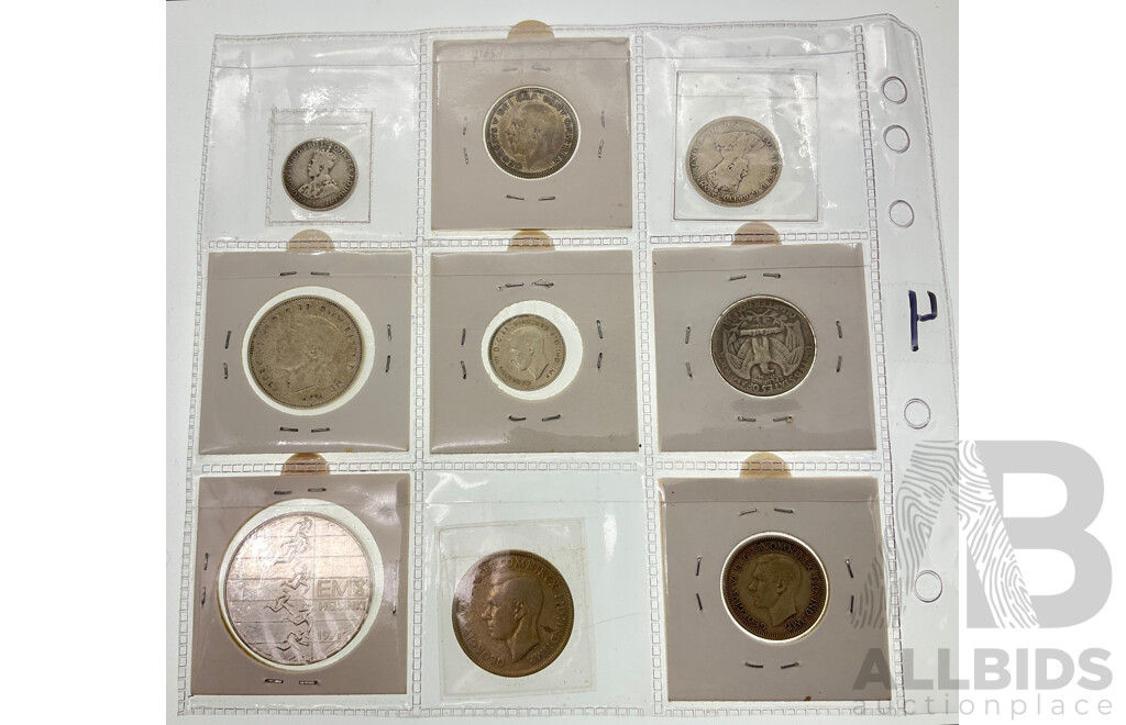 Collection of Silver Coins Including Australian 1939, 1947 Florins, 1914, 1940 Shillings, 1935, 1939 Sixpence, USA 1935 Quarter, UK 1930 Shilling, Finland Ten Markkaa