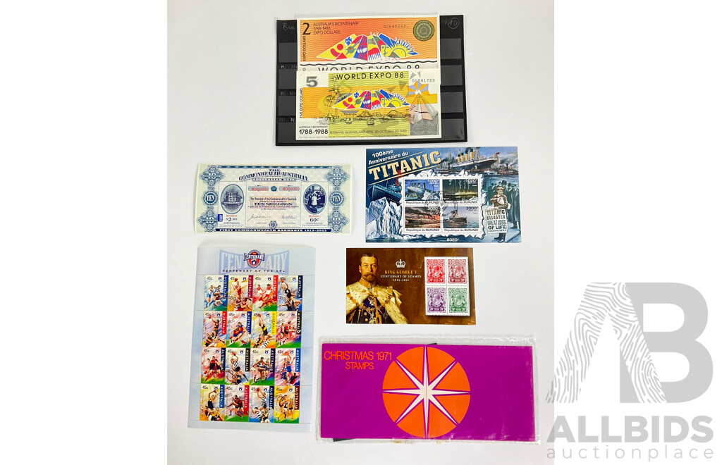 Australian Mini Stamp Sheets Including KGV Centenary, First Commonwealth Banknote, AFL Centenary, 1971 Christmas, Burundi Titanic Centenary, Expo 1988 Cash Notes, Burundi Titanic