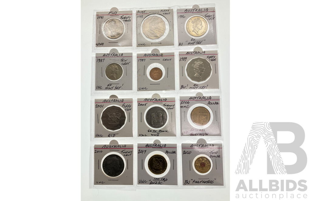 Collection of Australian Commemorative and High Grade Coins Including 2020 Two Dollars Firefighters, 2017 One Dollar ANZAC, 2006 Fifty Years of Television, 2005 Twenty Cent 60th WW2 Anniversary with Fiji 1981 Twenty Cent