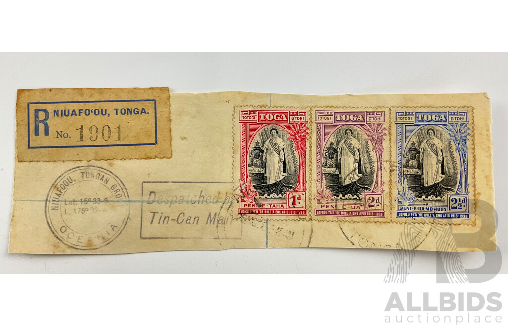 Tonga 1938 Queen Salote Tubi Stamps on Tin-Can Mail Cover