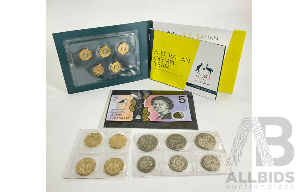 Australian Silver Predecimal Coins, Three Florins, Three Shillings, Four 2023/24 AFL One Dollars, 2016 Five Dollar Next Gen Fraser/Evans, 2016 Olympic Coin Set