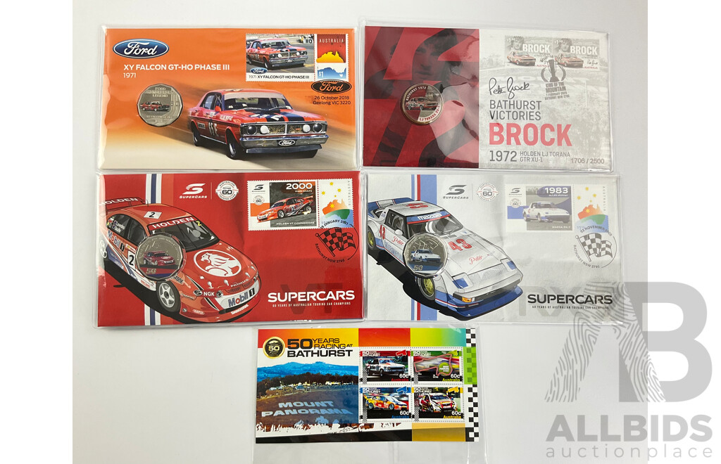 Australian Motor Sport PNCs Including 2018 XY Falcon GT-HO Phase III 2023 Peter Brock, 2020 Allan Moffat RX7, 2020 Mark Skaife VT Commodore, Bathurst Mini Sheet