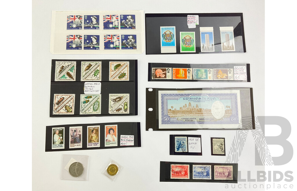 Collection of Stamps Including Australian Predecimal Kangaroo on Map, UK Australian Bicentennial, Nauru, Queen Mum Birthday, Brunei, Central Africa, Australian 2021 Two Dollar Dorothy the Dinosaur, Cambodian Fifty Riels Note