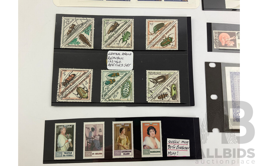 Collection of Stamps Including Australian Predecimal Kangaroo on Map, UK Australian Bicentennial, Nauru, Queen Mum Birthday, Brunei, Central Africa, Australian 2021 Two Dollar Dorothy the Dinosaur, Cambodian Fifty Riels Note