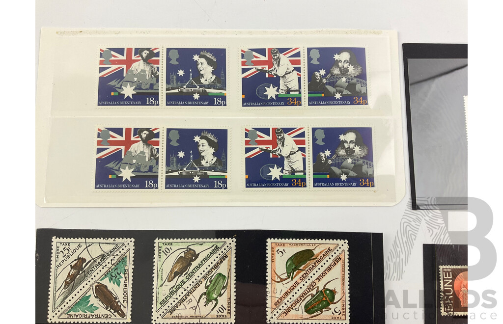 Collection of Stamps Including Australian Predecimal Kangaroo on Map, UK Australian Bicentennial, Nauru, Queen Mum Birthday, Brunei, Central Africa, Australian 2021 Two Dollar Dorothy the Dinosaur, Cambodian Fifty Riels Note