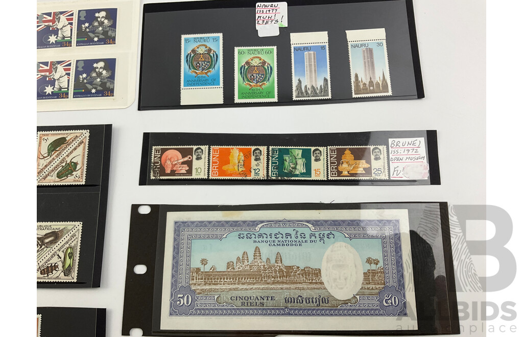 Collection of Stamps Including Australian Predecimal Kangaroo on Map, UK Australian Bicentennial, Nauru, Queen Mum Birthday, Brunei, Central Africa, Australian 2021 Two Dollar Dorothy the Dinosaur, Cambodian Fifty Riels Note