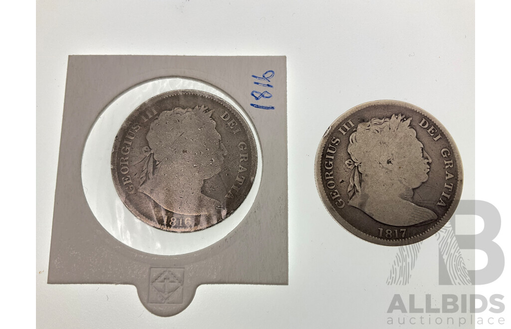 Two United Kingdom KGIII Silver One Crown Coins 1816 and 1817 .925