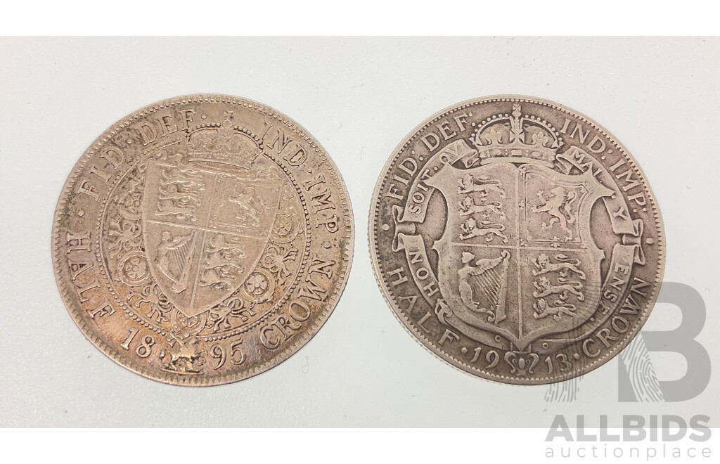 United Kingdom Silver Half Crown Coins, QV 1895 and KGV 1913 .925