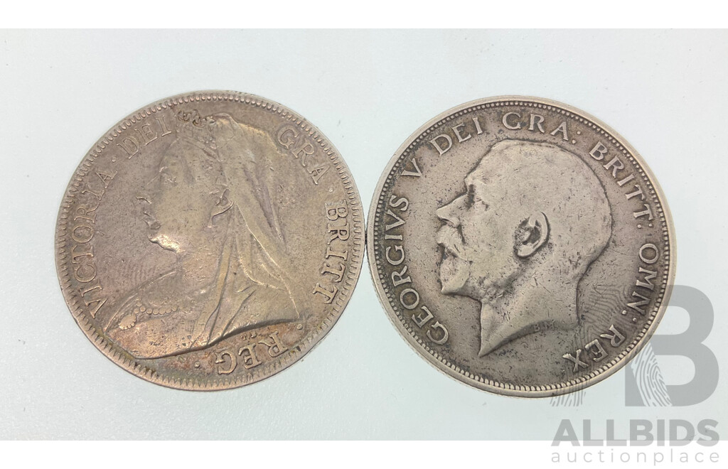 United Kingdom Silver Half Crown Coins, QV 1895 and KGV 1913 .925