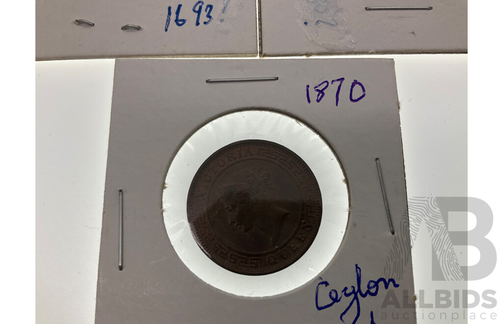 United Kingdom Farthings, KWIII 1693, KGIII 1773, 1799, 1896 Ceylon QV 1870