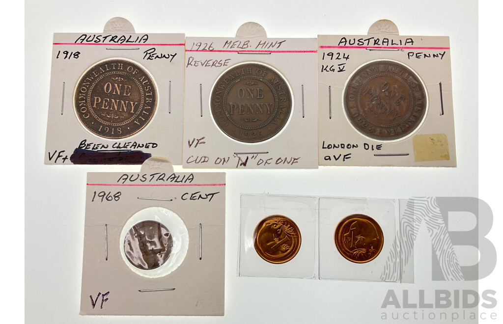 Australian Coins Including 1918I Penny, 1924 Penny, London Die, 1926 with Slight Cud, 1968 One Cent, Two 1990 One Cent Coins