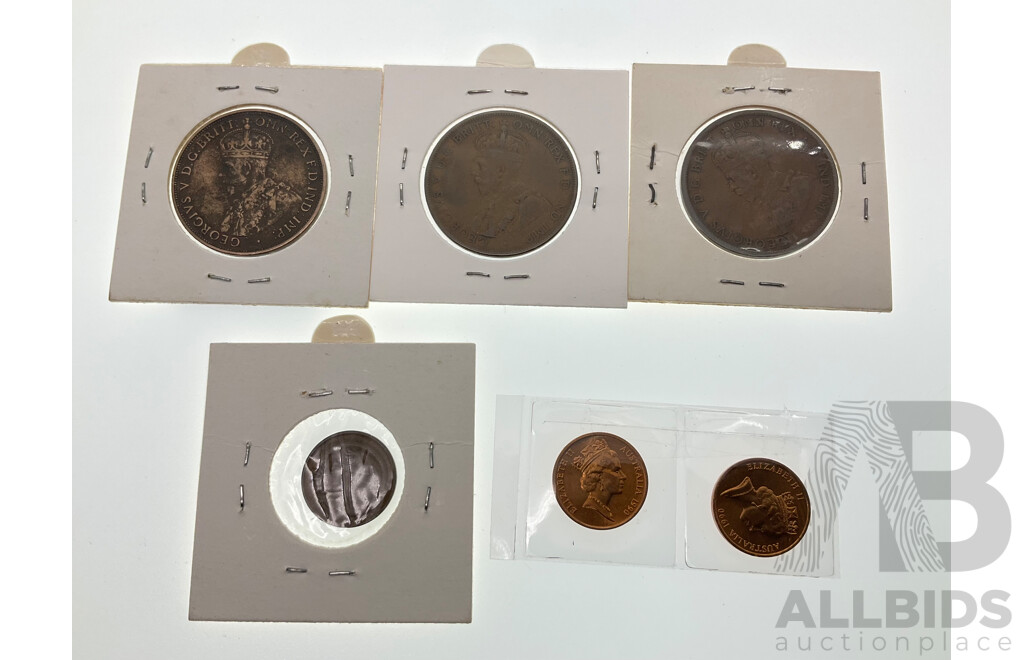 Australian Coins Including 1918I Penny, 1924 Penny, London Die, 1926 with Slight Cud, 1968 One Cent, Two 1990 One Cent Coins