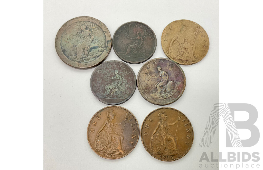 Collection of United Kingdom KGIII Coins Including Pennies, 1797 Cartwheel, 1806, 1807, Half Penny 1799, KGV Pennies 1913, 1927, 1935