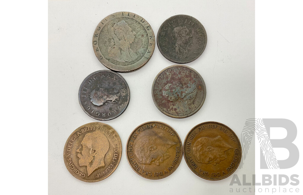 Collection of United Kingdom KGIII Coins Including Pennies, 1797 Cartwheel, 1806, 1807, Half Penny 1799, KGV Pennies 1913, 1927, 1935