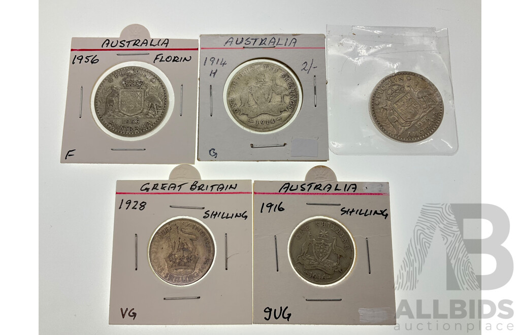 Australian Silver Predecimal Coins Including 1914H Florin, 1916 Shilling, 1956, 1958 Florin with United Kingdom 1928 Shilling