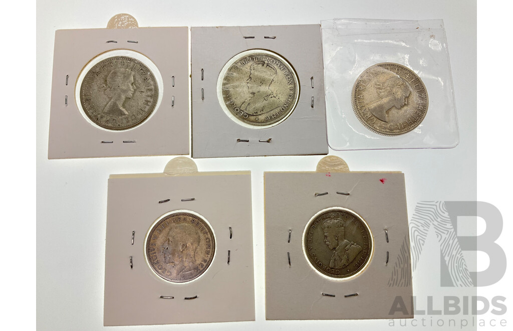 Australian Silver Predecimal Coins Including 1914H Florin, 1916 Shilling, 1956, 1958 Florin with United Kingdom 1928 Shilling
